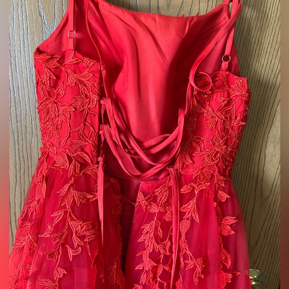 Elegant Red Lace A-Line Corset Back Adjustable Small Floor Length Prom Gown - Picture 5 of 9